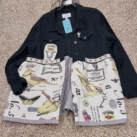 3813 Size XL Upcycled Black Denim Jacket with Quilted Trim. - Picture 2 of 9